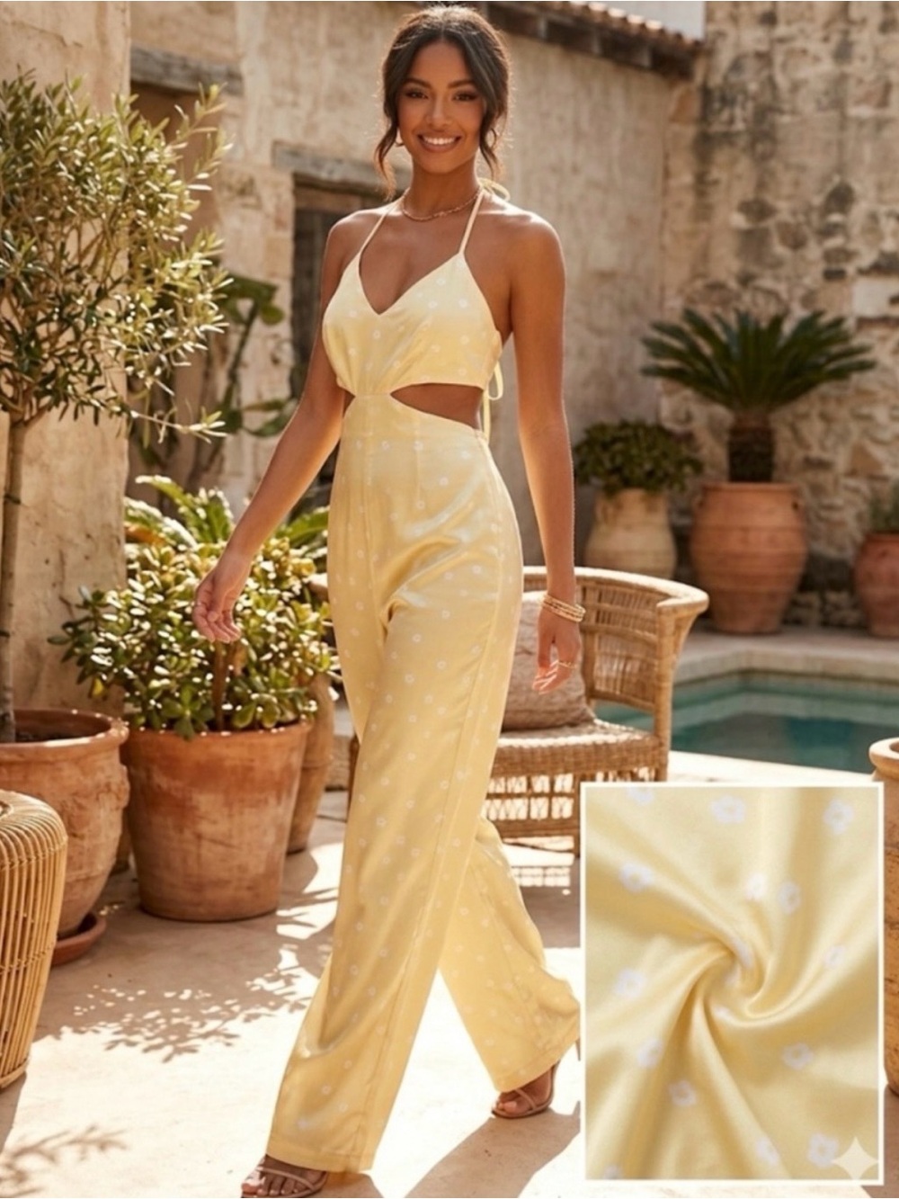 Kittenish Yellow Cutout Halter Jumpsuit with White Dot Print